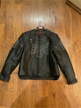 Men's Black Moto Leather Performance Jacket with Skull Detail